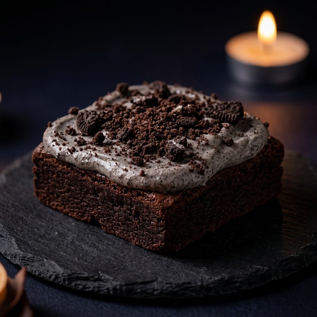 Cookies & Cream Crunch — a fudgy chocolate brownie studded with cookies-and-cream pieces, on a Sugar bréak plate