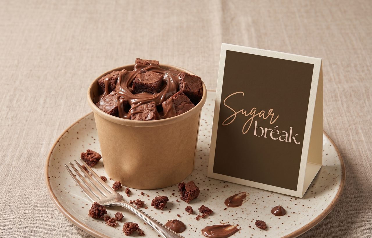 Mini Bréak, a 250ml kraft tub of mini brownies
