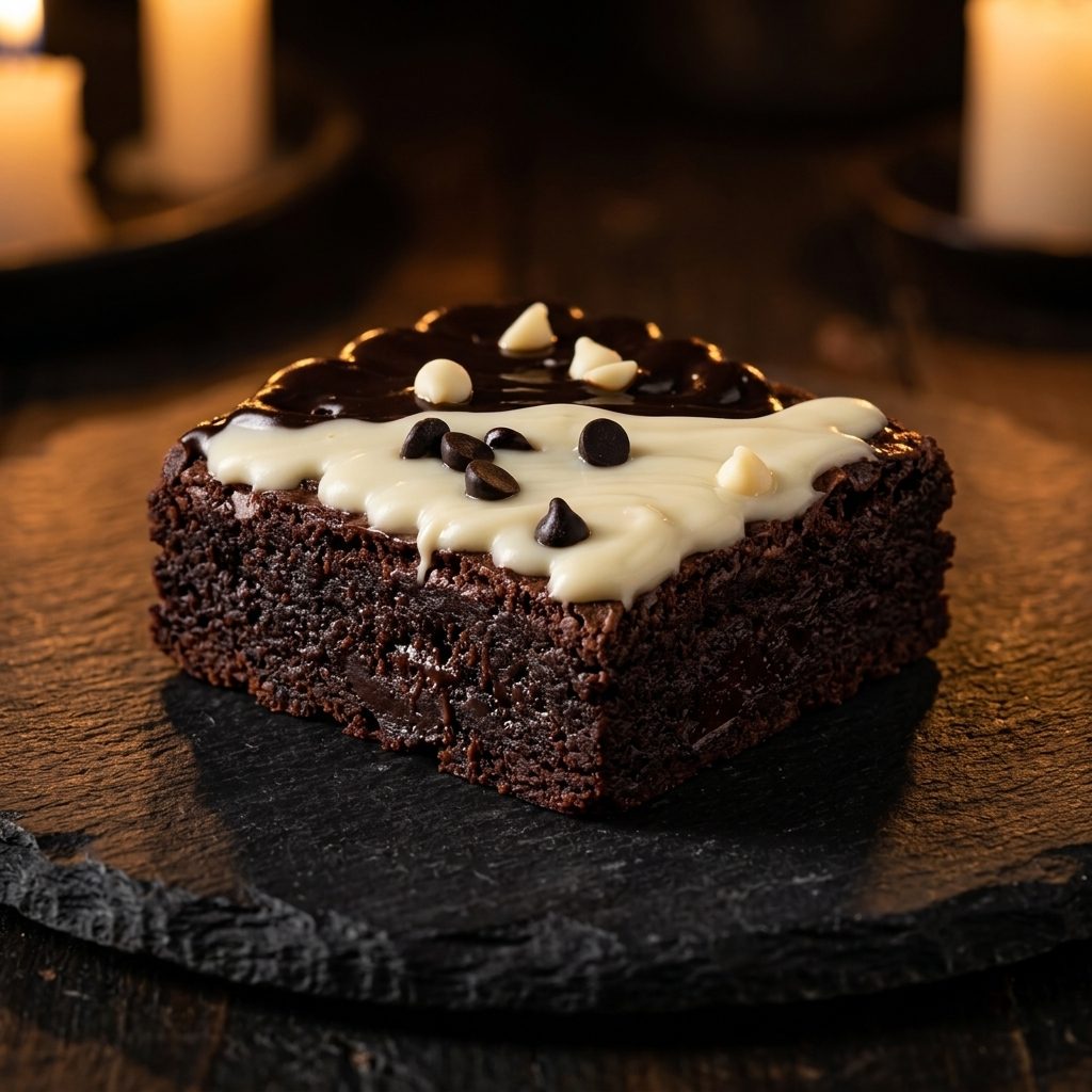 Double Chocolate Decadence — a fudgy brownie packed with chocolate chunks through the crumb, on a Sugar bréak plate