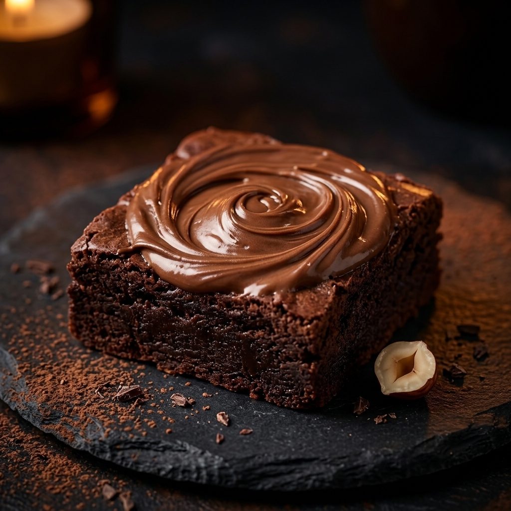 Hazelnut Cocoa Swirl — a fudgy brownie with a hazelnut cream swirl on top, on a Sugar bréak plate