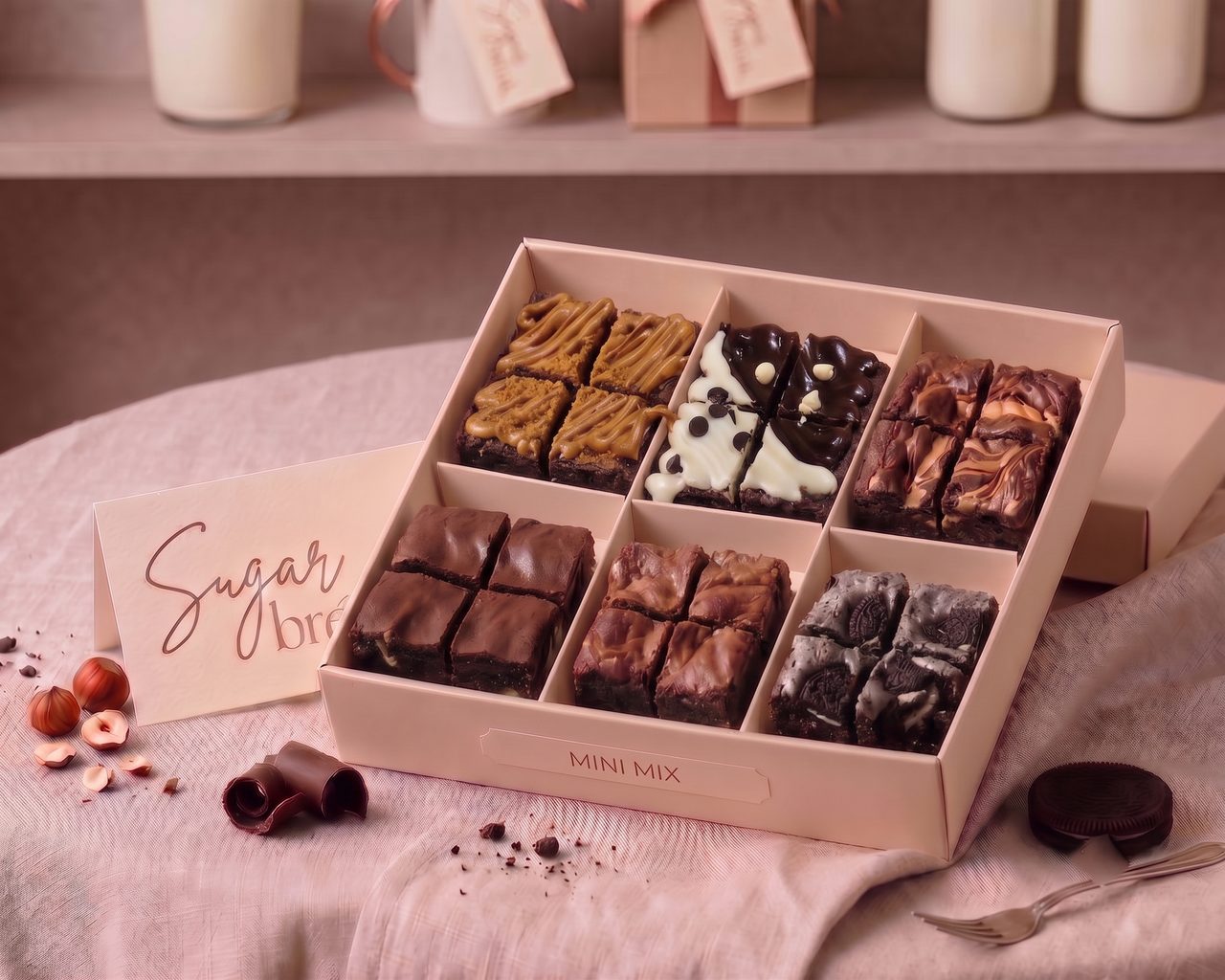 Mini Mix, a Sugar bréak box of bite-size brownie minis across the five flavours