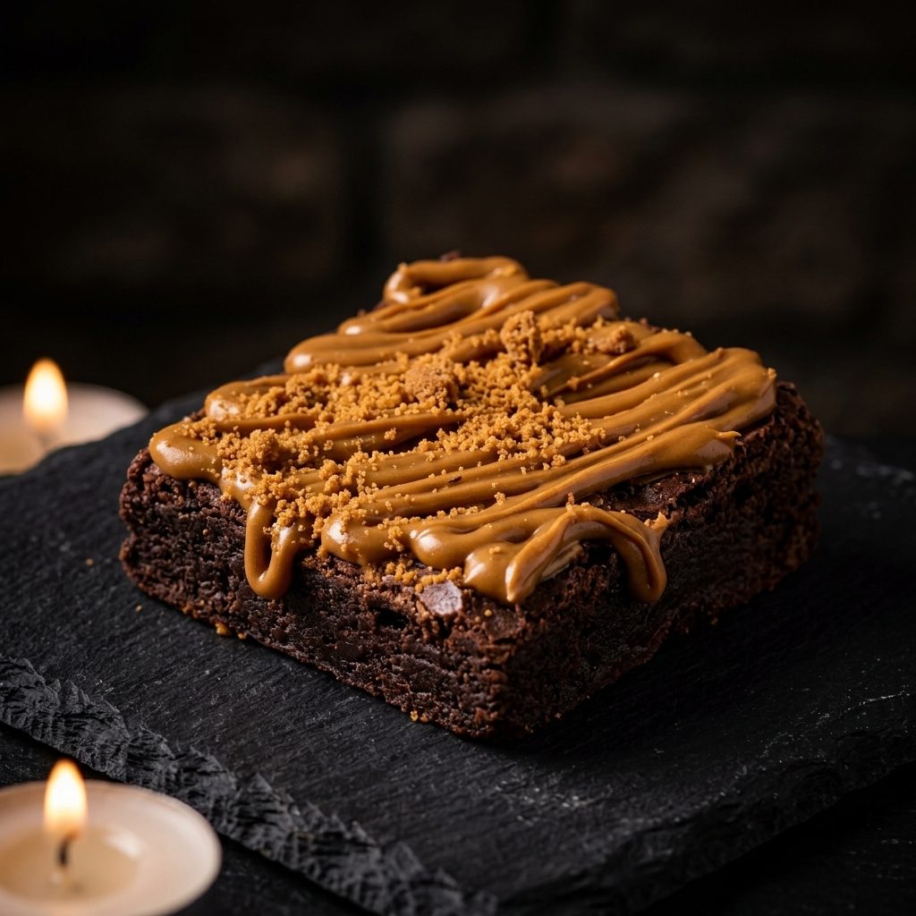 Lotus Biscoff Crumble — a stack of fudge brownies drizzled with Lotus Biscoff spread and crushed biscuit crumble