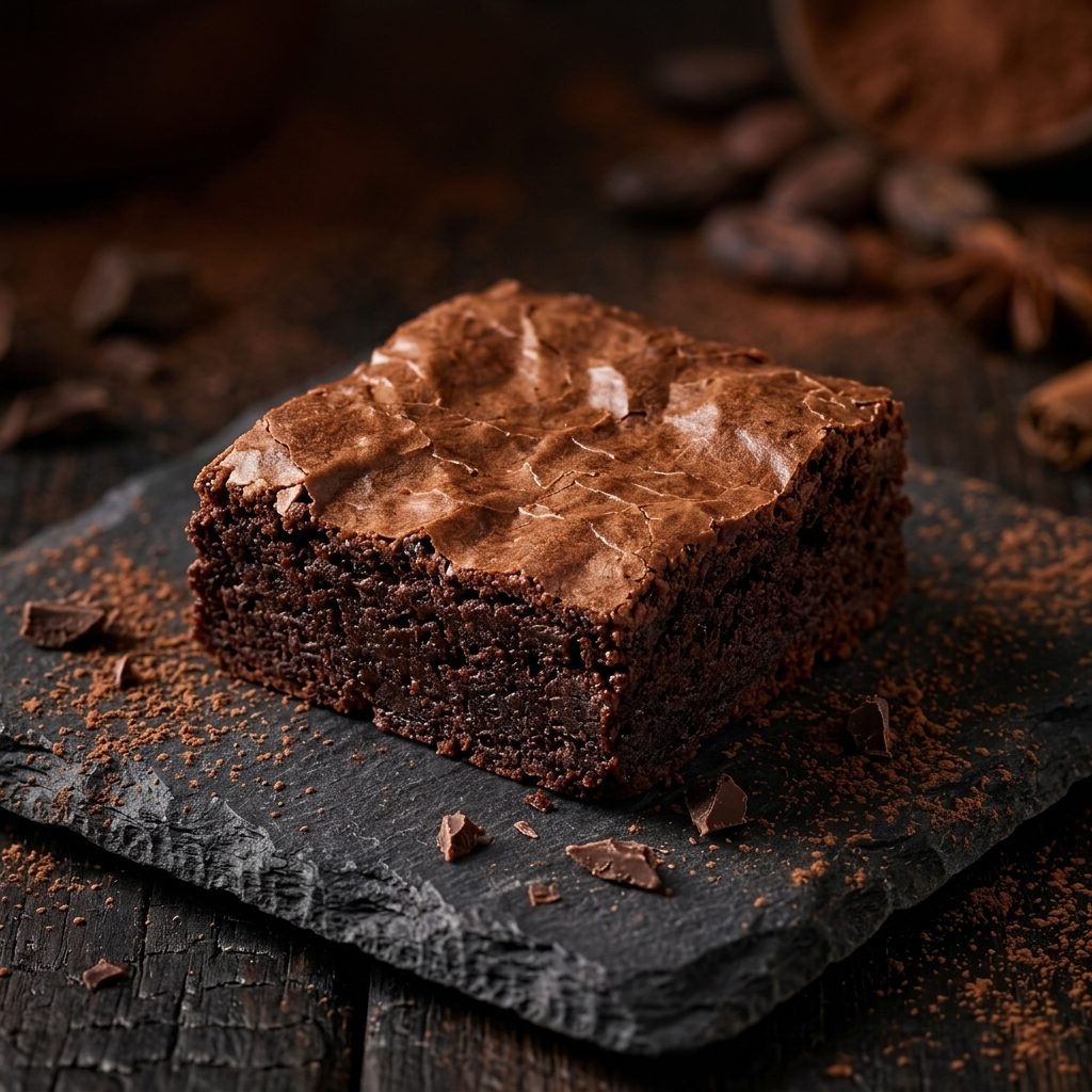 The OG Fudge — a stack of rich, dense fudge brownies with a crackly top, Sugar bréak table card alongside